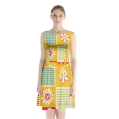 Abstract Flowers And Circle Sleeveless Waist Tie Chiffon Dress by DinzDas