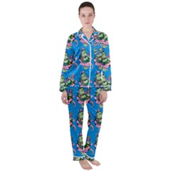 Monster And Cute Monsters Fight With Snake And Cyclops Satin Long Sleeve Pyjamas Set by DinzDas