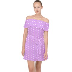 White Polka Dot Pastel Purple Background, Pink Color Vintage Dotted Pattern Off Shoulder Chiffon Dress by Casemiro