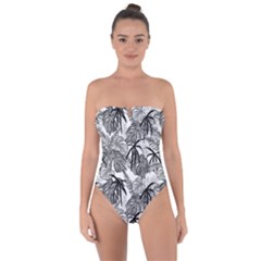 Black And White Leafs Pattern, Tropical Jungle, Nature Themed Tie Back One Piece Swimsuit by Casemiro