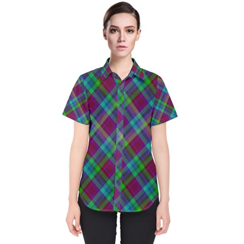 Purple, Green Tartan, Retro Buffalo Plaid Pattern, Classic Tiled Theme Women s Short Sleeve Shirt by Casemiro
