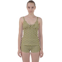 Gold Polka Dots Patterm, Retro Style Dotted Pattern, Classic White Circles Tie Front Two Piece Tankini by Casemiro