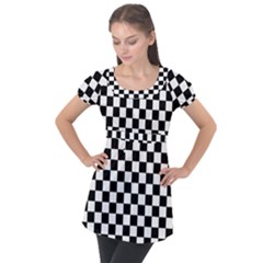 Black And White Chessboard Pattern, Classic, Tiled, Chess Like Theme Puff Sleeve Tunic Top by Casemiro