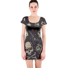 Grunge Seamless Pattern With Skulls Short Sleeve Bodycon Dress
