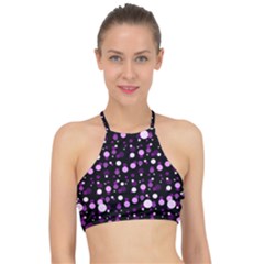 Purple, Pink Bokeh Dots, Asymmetric Polka Dot With Modern Twist Racer Front Bikini Top by Casemiro