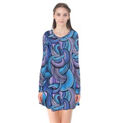 Blue Swirl Pattern Long Sleeve V-neck Flare Dress by designsbymallika