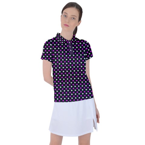 White And Pink Hearts At Black, Vector Handrawn Hearts Pattern Women s Polo Tee by Casemiro