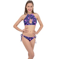 Pink And Blue Flowers Cross Front Halter Bikini Set by bloomingvinedesign
