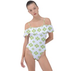 Bright Leaves Motif Print Pattern Design Frill Detail One Piece Swimsuit by dflcprintsclothing