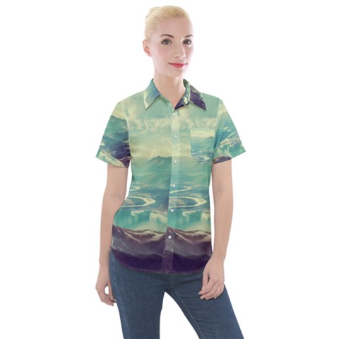 Landscape Mountains Lake River Women s Short Sleeve Pocket Shirt by HermanTelo