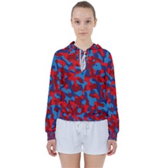 Red And Blue Camouflage Pattern Women s Tie Up Sweat by SpinnyChairDesigns