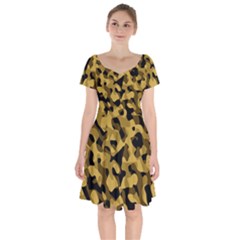 Black Yellow Brown Camouflage Pattern Short Sleeve Bardot Dress by SpinnyChairDesigns