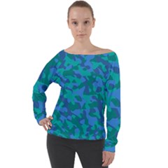 Blue Turquoise Teal Camouflage Pattern Off Shoulder Long Sleeve Velour Top by SpinnyChairDesigns