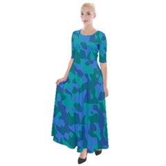 Blue Turquoise Teal Camouflage Pattern Half Sleeves Maxi Dress by SpinnyChairDesigns