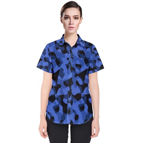 Black And Blue Camouflage Pattern Women s Short Sleeve Shirt by SpinnyChairDesigns