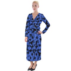 Black And Blue Camouflage Pattern Velvet Maxi Wrap Dress by SpinnyChairDesigns