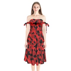 Red And Black Camouflage Pattern Shoulder Tie Bardot Midi Dress by SpinnyChairDesigns
