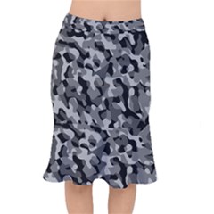 Grey And Black Camouflage Pattern Short Mermaid Skirt by SpinnyChairDesigns
