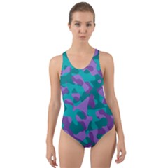 Purple And Teal Camouflage Pattern Cut-out Back One Piece Swimsuit by SpinnyChairDesigns