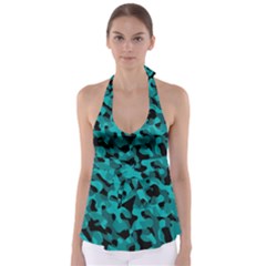 Black And Teal Camouflage Pattern Babydoll Tankini Top by SpinnyChairDesigns