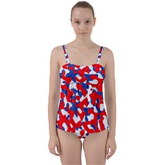Red White Blue Camouflage Pattern Twist Front Tankini Set by SpinnyChairDesigns
