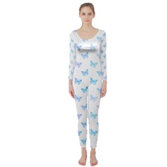 Light Blue Pink Butterflies Pattern Long Sleeve Catsuit by SpinnyChairDesigns