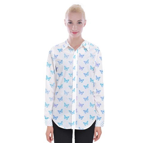 Light Blue Pink Butterflies Pattern Womens Long Sleeve Shirt by SpinnyChairDesigns