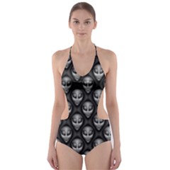 Grey Aliens Extraterrestrials Ufo Faces Cut-out One Piece Swimsuit by SpinnyChairDesigns