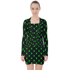 Neon Green Bug Insect Heads On Black V-neck Bodycon Long Sleeve Dress by SpinnyChairDesigns