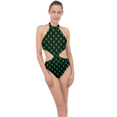 Neon Green Bug Insect Heads On Black Halter Side Cut Swimsuit by SpinnyChairDesigns