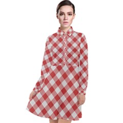Picnic Gingham Red White Checkered Plaid Pattern Long Sleeve Chiffon Shirt Dress by SpinnyChairDesigns