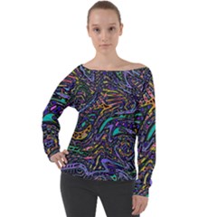 Multicolored Abstract Art Pattern Off Shoulder Long Sleeve Velour Top by SpinnyChairDesigns