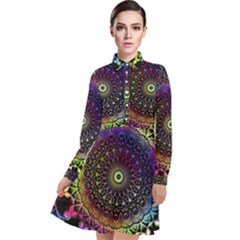 Colorful Rainbow Colored Arabesque Mandala Kaleidoscope  Long Sleeve Chiffon Shirt Dress by SpinnyChairDesigns