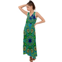 Peacock Mandala Kaleidoscope Arabesque Pattern V-neck Chiffon Maxi Dress by SpinnyChairDesigns