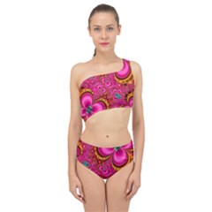 Abstract Pink Gold Floral Print Pattern Spliced Up Two Piece Swimsuit by SpinnyChairDesigns