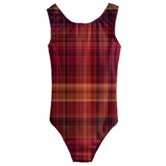 Red Brown Orange Plaid Pattern Kids  Cut-out Back One Piece Swimsuit by SpinnyChairDesigns