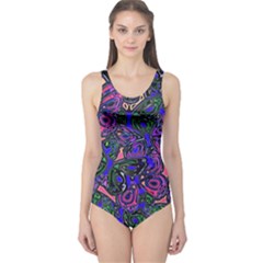 Purple Abstract Butterfly Pattern One Piece Swimsuit by SpinnyChairDesigns