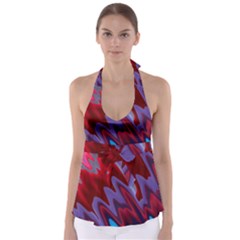 Red Blue Zig Zag Waves Pattern Babydoll Tankini Top by SpinnyChairDesigns