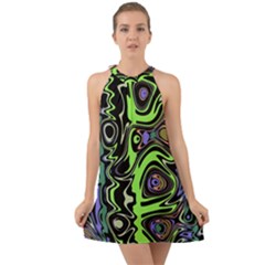 Green And Black Abstract Pattern Halter Tie Back Chiffon Dress by SpinnyChairDesigns