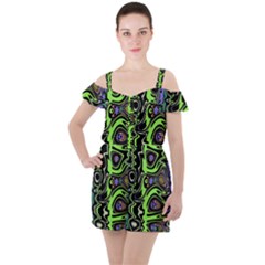 Green And Black Abstract Pattern Ruffle Cut Out Chiffon Playsuit by SpinnyChairDesigns