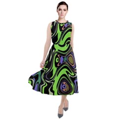 Green And Black Abstract Pattern Round Neck Boho Dress by SpinnyChairDesigns