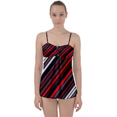 Red Black White Stripes Pattern Babydoll Tankini Set by SpinnyChairDesigns