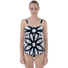 Black And White Floral Print Pattern Twist Front Tankini Set by SpinnyChairDesigns