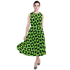 Abstract Black And Green Checkered Pattern Round Neck Boho Dress by SpinnyChairDesigns