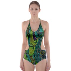 Jungle Print Green Abstract Pattern Cut-out One Piece Swimsuit by SpinnyChairDesigns