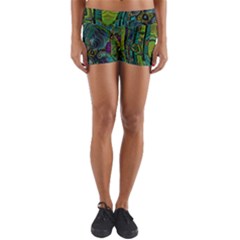 Jungle Print Green Abstract Pattern Yoga Shorts by SpinnyChairDesigns