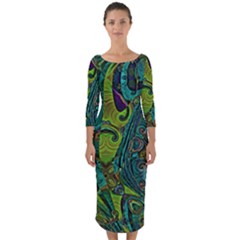 Jungle Print Green Abstract Pattern Quarter Sleeve Midi Bodycon Dress by SpinnyChairDesigns