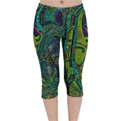 Jungle Print Green Abstract Pattern Velvet Capri Leggings  by SpinnyChairDesigns