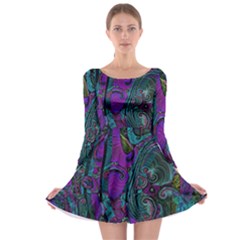 Purple Teal Abstract Jungle Print Pattern Long Sleeve Skater Dress by SpinnyChairDesigns