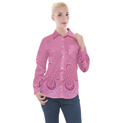 Pink Intricate Swirls Pattern Women s Long Sleeve Pocket Shirt by SpinnyChairDesigns